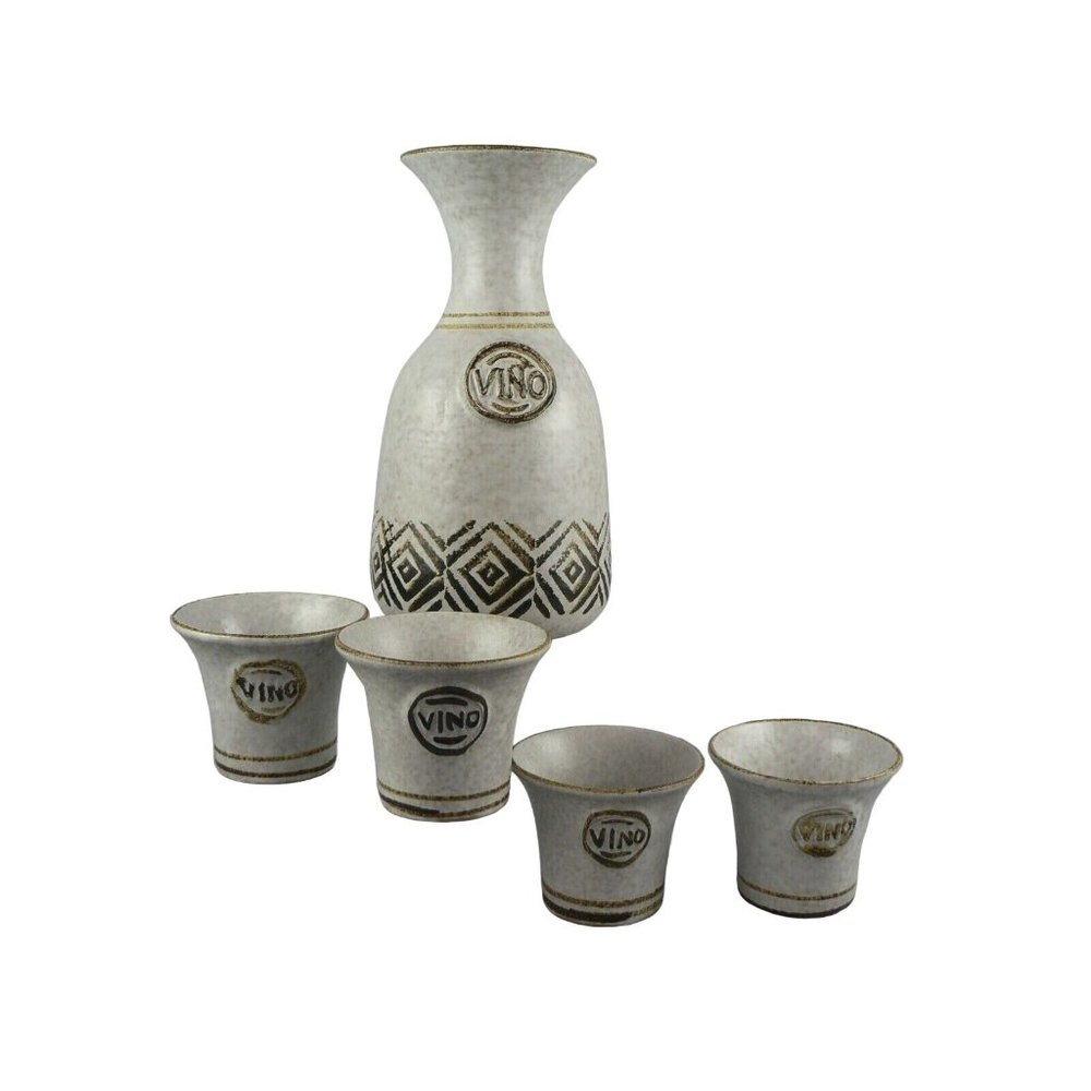 Pottery Wine Vino Carafe Decanter & Glasses Cups stamped Pottery Kraft USA